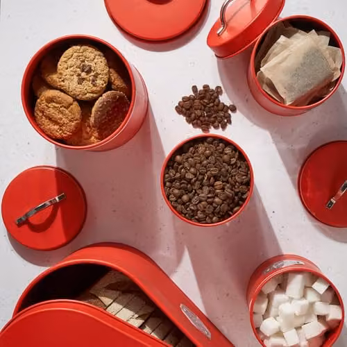 Cooks Professional 5 Piece Airtight Tea Coffee Sugar Bread and Biscuit Canister Set in Red and Silver – 3