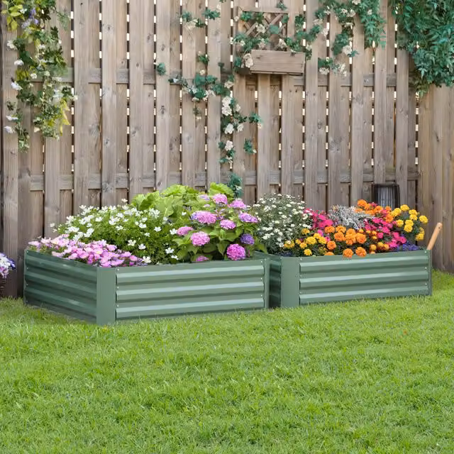 Outsunny Set of 2 Green Metal Raised Garden Bed Elevated Planters for Vegetable Gardens