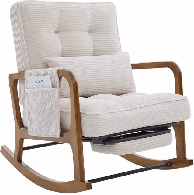 GOMYWAY Matteo Corduroy Nursery Rocking Chair with Adjustable Footrest in Beige