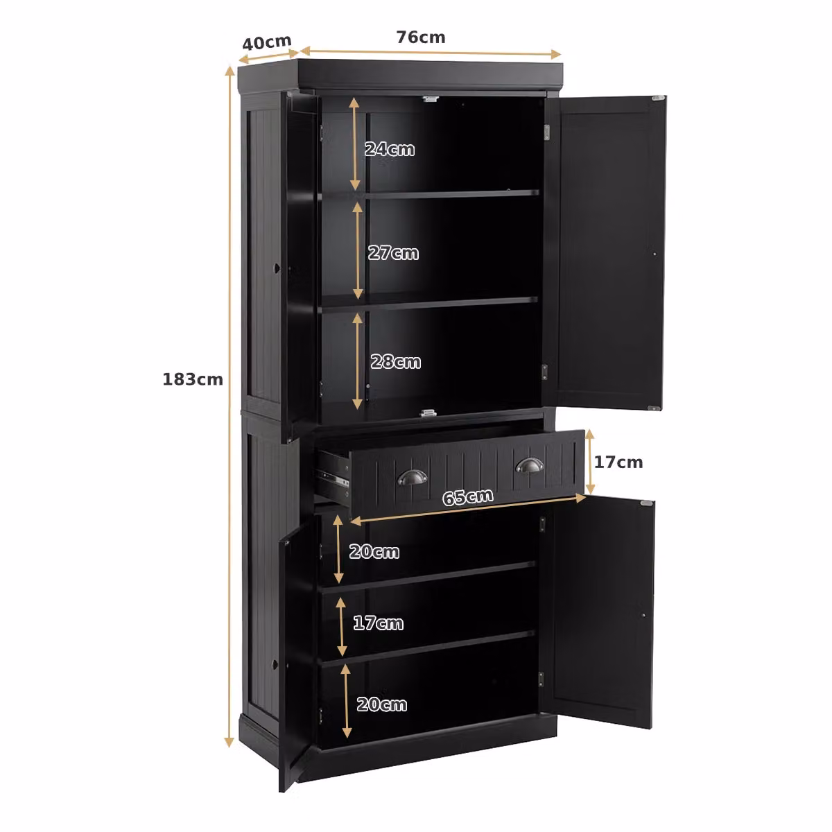 Gymax Modern Black Kitchen Pantry Cabinet with 2 Hinged Doors and Internal Drawers, Height: 183 cm – 2