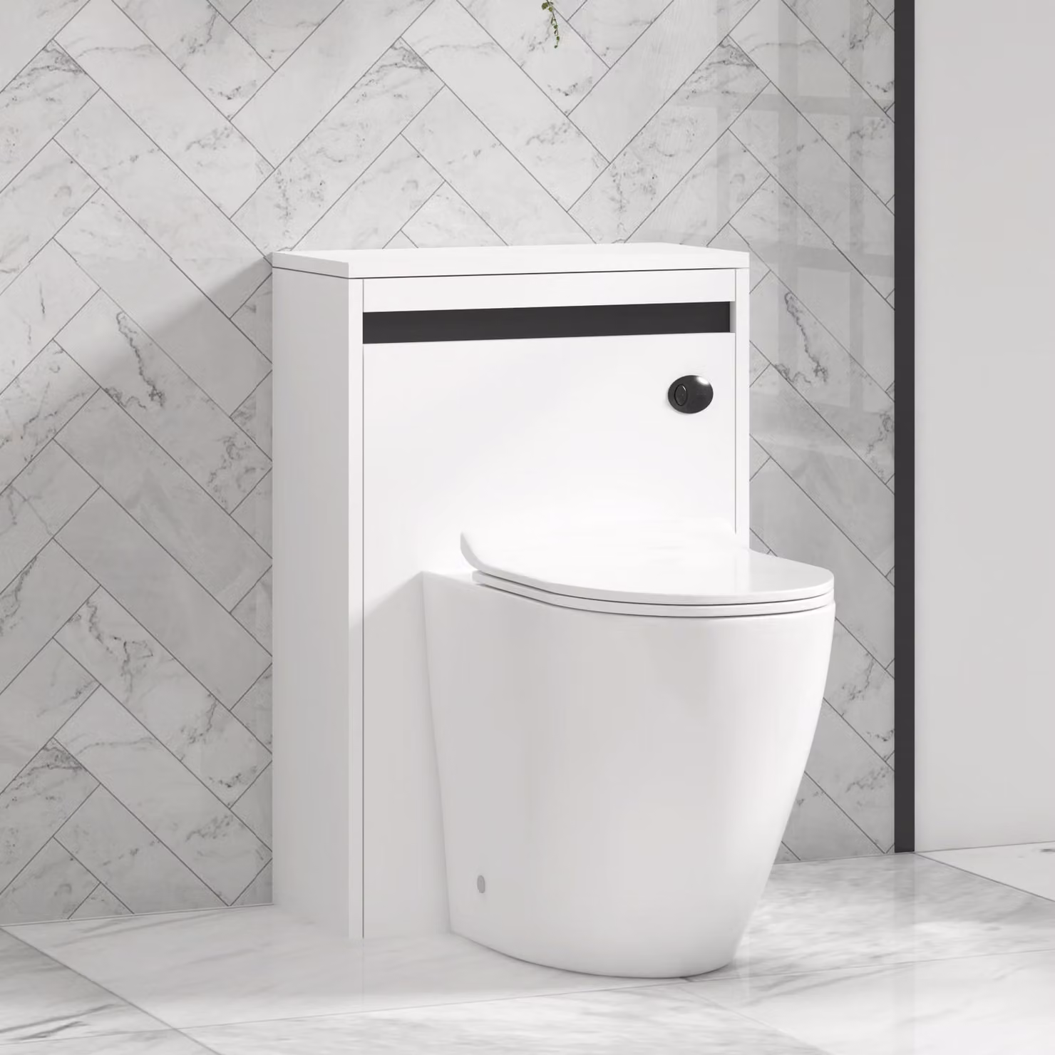 Royal Bathrooms Orion 540mm Matt White Back to Wall WC Unit with Elva Rimless Short Projection Ceramic Toilet Pan, Slim Soft Close Seat and Cistern with Black Accent Trim