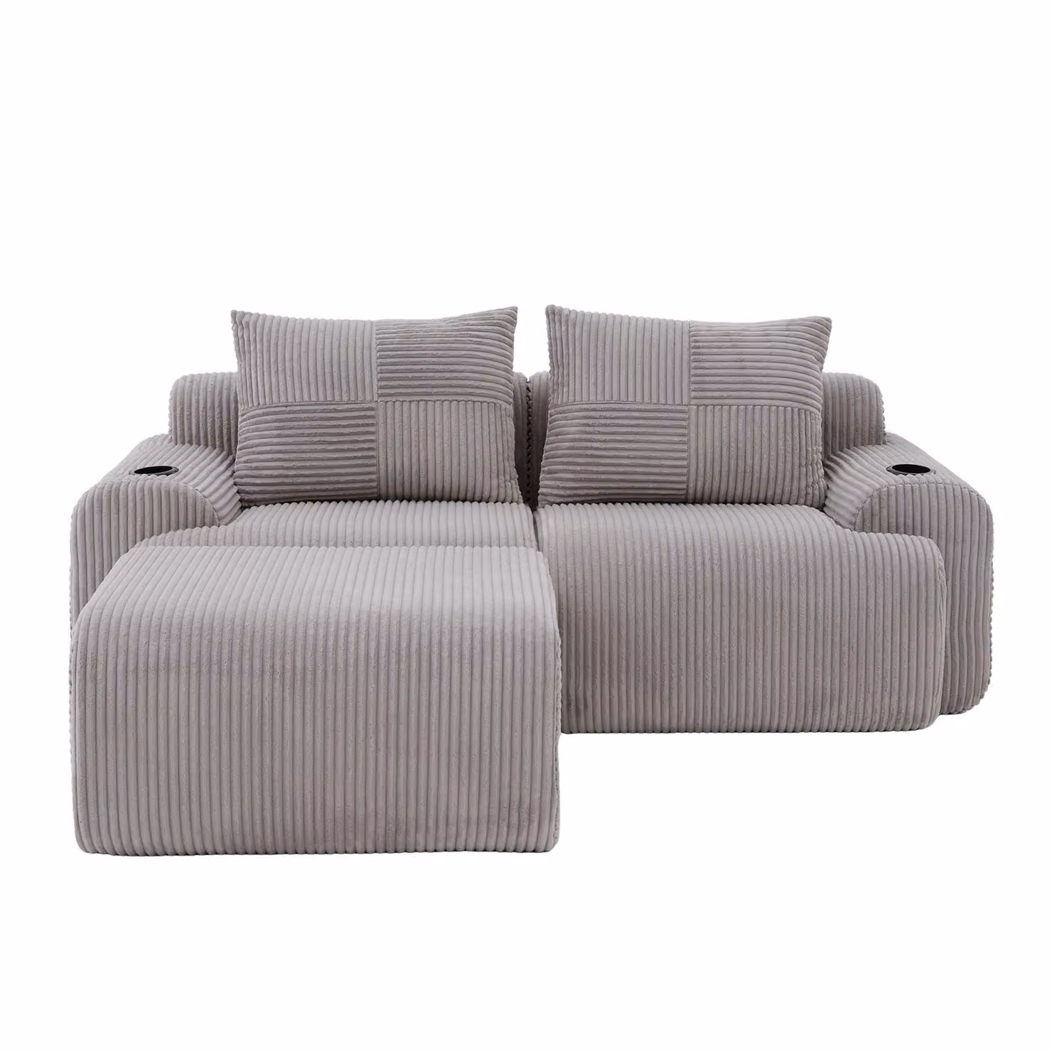 Aosom UK Modular 2-Seater L-Shape Sofa in Light Grey Corduroy with Foam-Filled Plush Seats and Built-In Cup Holder, W: 174 cm, D: 200 cm, H: 80 cm – 2