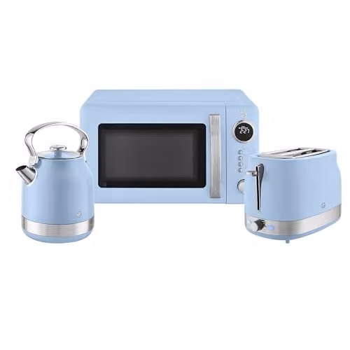 Swan Retro Kitchen Set in Blue including 1.7L Rapid Boil Kettle, 2 Slice Toaster and 20L Microwave