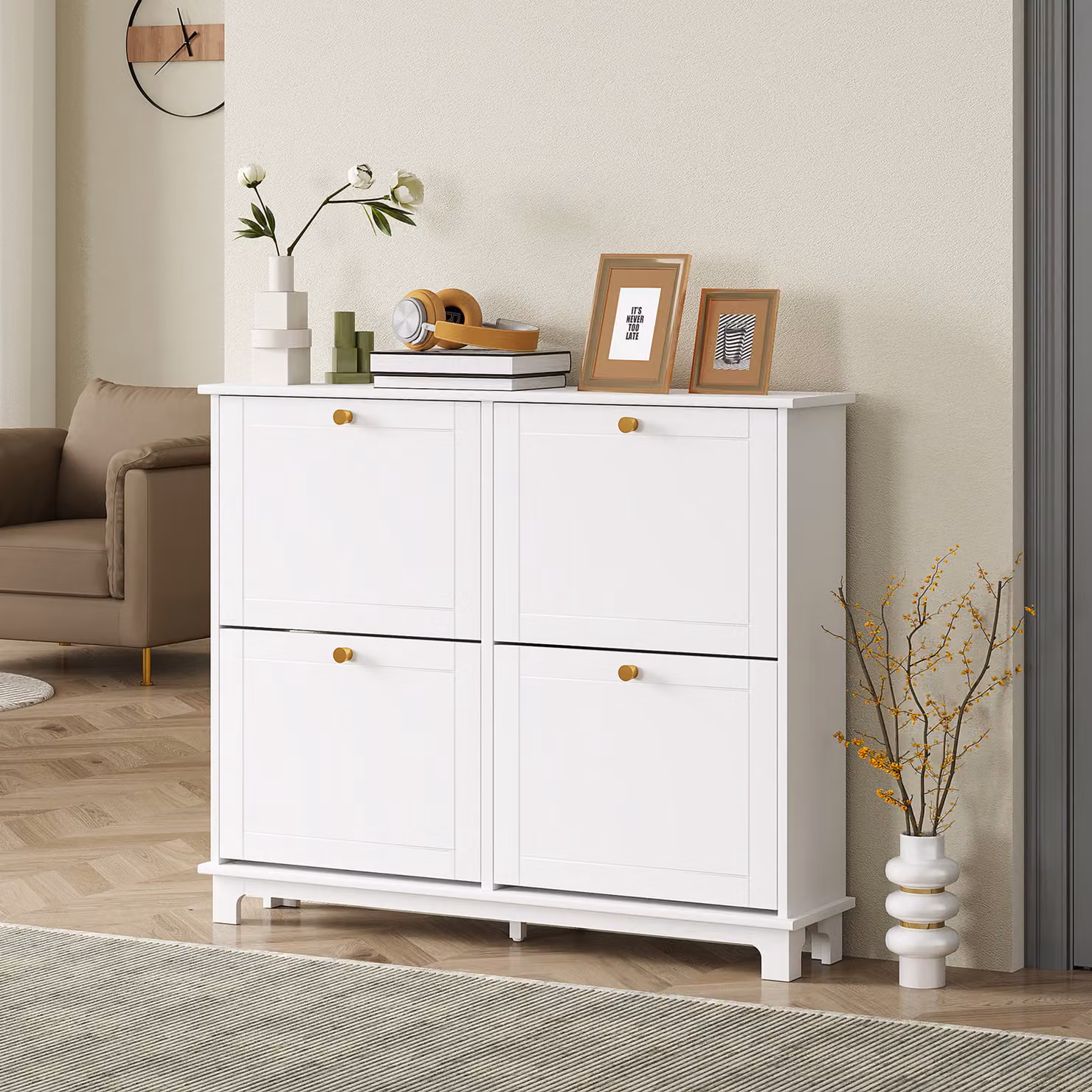 HOMCOM Slim White and Gold Shoe Storage Cabinet with 4 Tilting Compartments and Internal Shelves for 16 Pairs of Shoes – 2