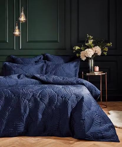 Paoletti Palmeria Blue Velvet and Cotton Duvet Cover and Pillowcase Set W/D/H: 140 x 200 cm