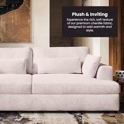Solace+Co Drew 3 Seater Modern Chenille Lounge Sofa in Cream with Foam-Filled and Removable Cushion Covers – 3