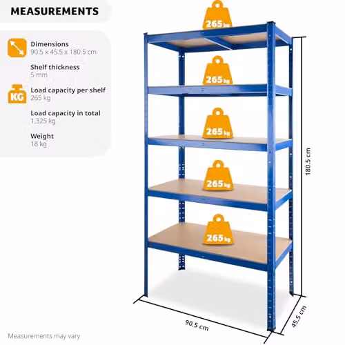 tectake Heavy-Duty 5-Tier Garage Shelving Unit with MDF Shelves and Galvanised Steel Frame, Blue, W: 132.5 cm, D: 45.5 cm, H: 180.5 cm – 2