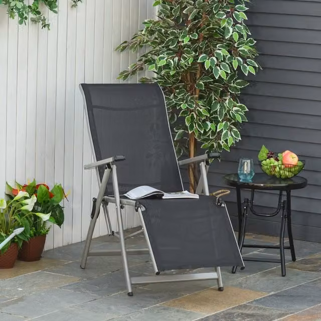Outsunny 10-Position Outdoor Sun Lounger with Armrests in Black