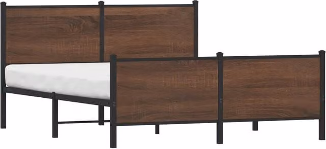 Berkfield Home Metal and Wood Bed Frame in Brown Oak, W/D/H: 140 x 190 x 91.5 cm