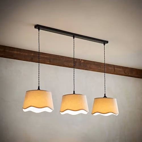 ValueLights Mabel Natural Linen Scallop Shade 3 Drop Bar Ceiling Light with Bulbs in Black and Beige – 1