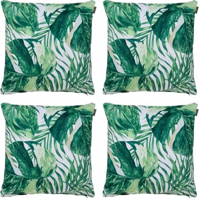 ICON Set of 4 Tropical Leaf Print Indoor and Outdoor Square Cushions in Green