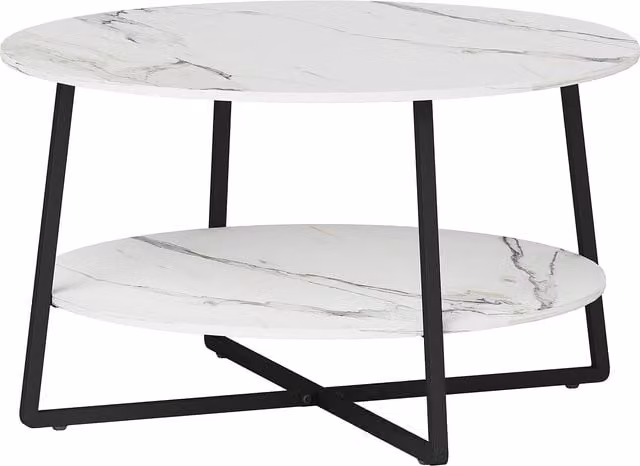 HOMCOM 2-Tier Round Coffee Table with Marble Effect Top and Storage Shelf in White – 1