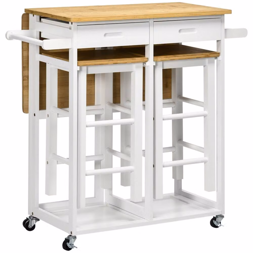 Wyld Haus Bamboo Drop Leaf Kitchen Island Set with 2 Stools, Drawers and Towel Rack, White, H 86.0 x W 75.5 x D 83.5 cm – 2