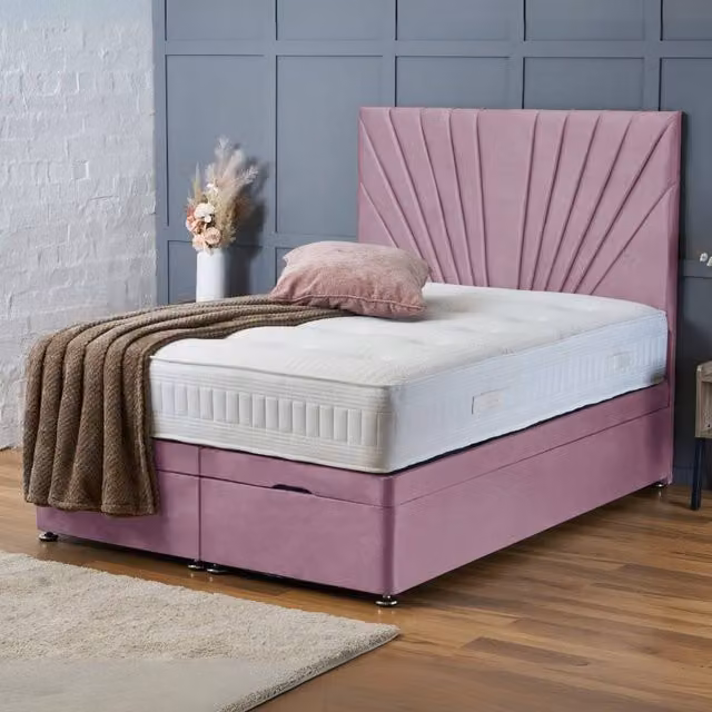 BSSPOKE Maria Ottoman Divan Bed with 54 inch Headboard in Pink Plush Velvet, W/D/H: 180 x 200 cm