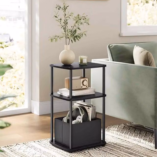 The Bazaarist 3 Tier Side Table with Fabric Basket Storage in Black – 1
