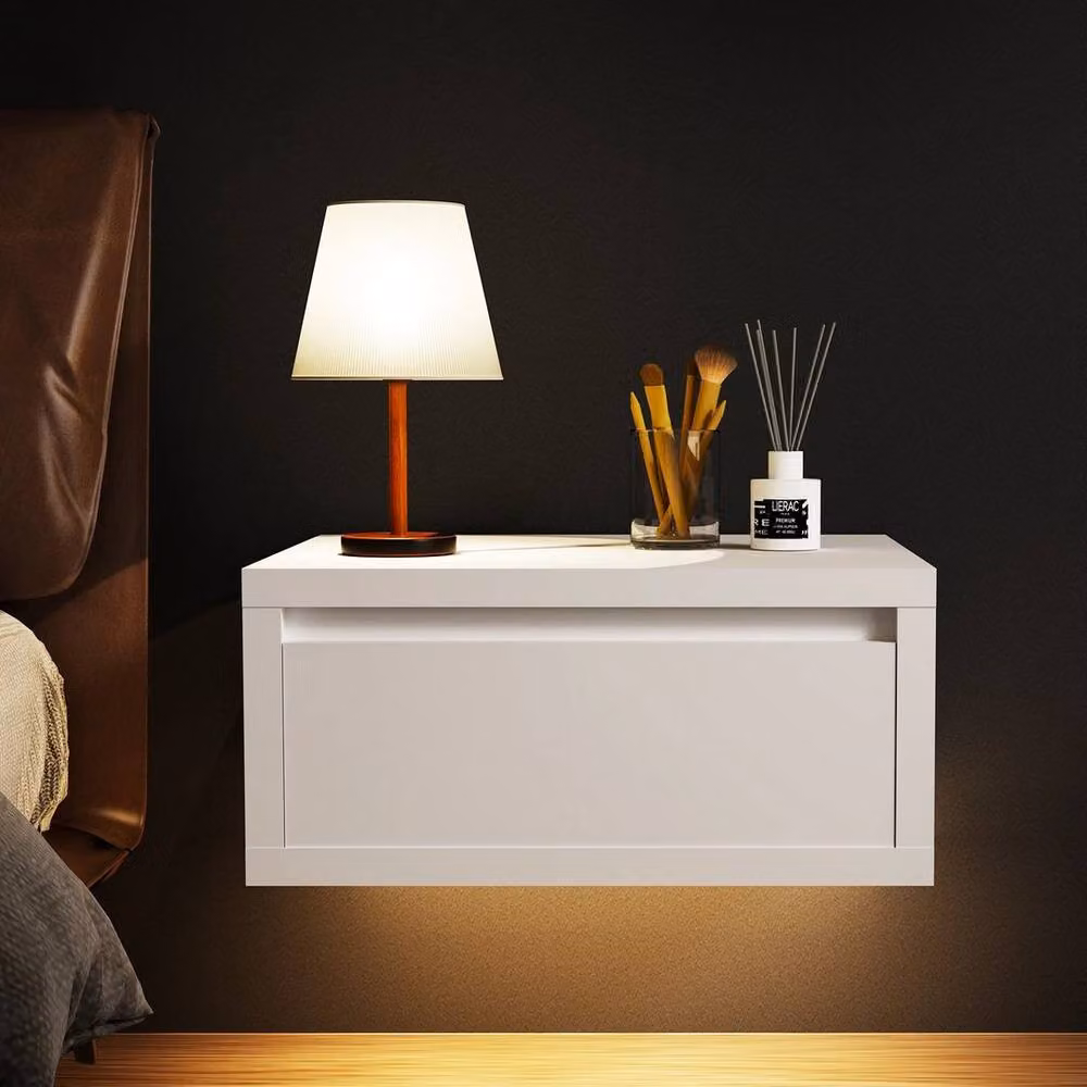 SPETLEK Wall Mounted Bedside Cabinet Floating Nightstand in White with Integrated Lighting – 3