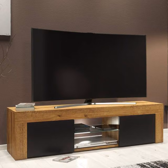 Mex Furniture LTD Loom TV Unit in Dark Oak and Black Matt with LED Lights, W: 130 cm, D: 35 cm, H: 35 cm