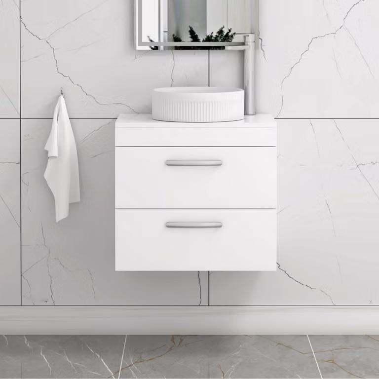 Royal Bathrooms Turin 600mm Wall Hung Vanity Unit with 2 Drawers and Round Countertop Basin in Gloss White