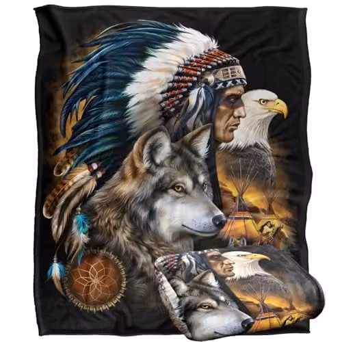 JQ Licensing Native American Wolf and Eagle Silky Touch Super Soft Fleece Throw Blanket, White and Multicolour, W: 152 cm, D: 127 cm – 1