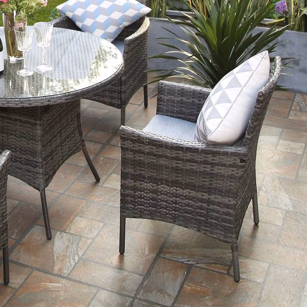 RayGar 5-Piece Grey Rattan Dining Set with Round Glass Top Table and 4 Chairs for Garden or Terrace – 3