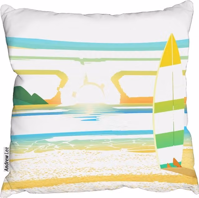 Andrew Lee Surf Board On Beach Square Cushion, Yellow and Multicolour, W: 60 cm, D: 60 cm, H: 1 cm
