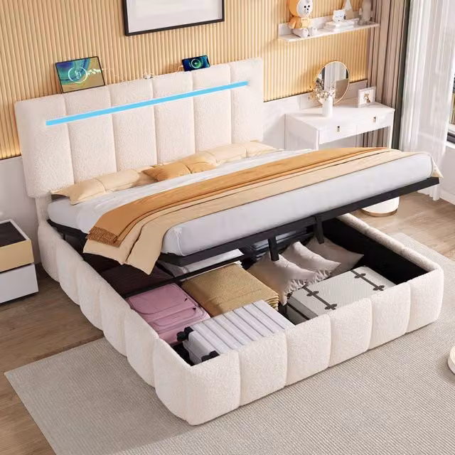 Matteo Double Upholstered Bed Frame with Hydraulic Storage in Beige Bouclé Fabric, W/D/H: 140 x 200 x 116 cm