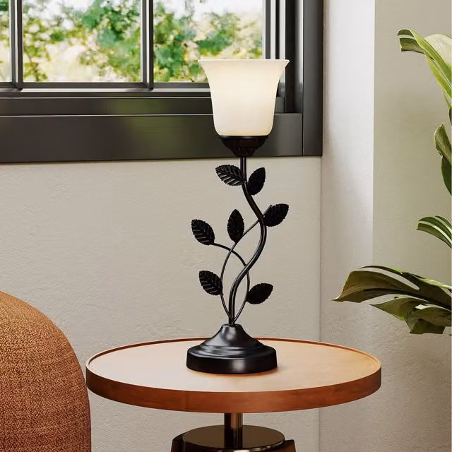 COSTWAY Vintage Tabletop Nightstand Lamp with Tulip Glass Lampshade in Black
