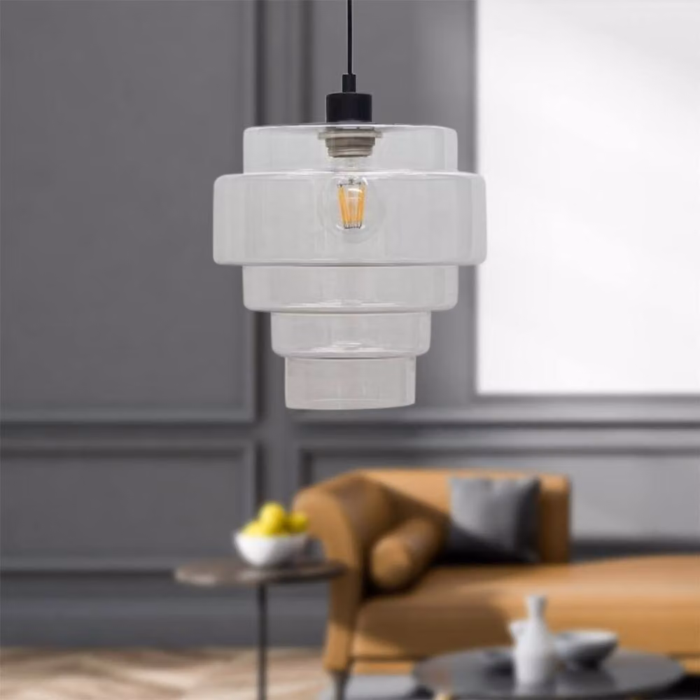First Choice Lighting Benson 5 Tier Transparent Glass and Black Modern Suspended Ceiling Pendant Light Fitting, H 115 cm x W 23.5 cm x D 23.5 cm – 2