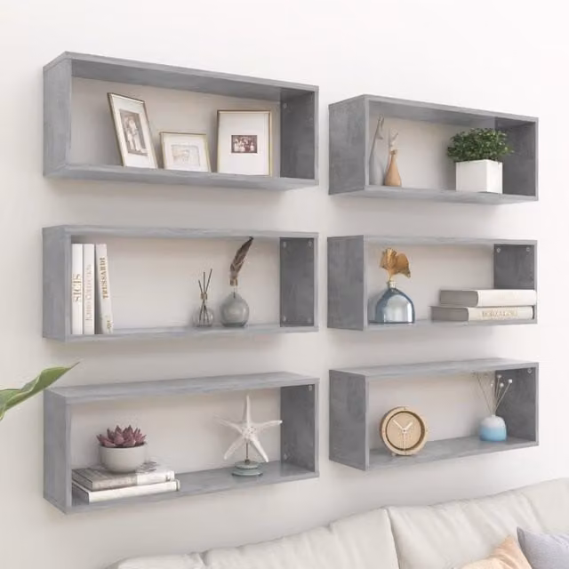 Berkfield Home Wall Mounted Cube Shelf Set of 6 in Concrete Grey, W: 60 cm, D: 23 cm, H: 15 cm