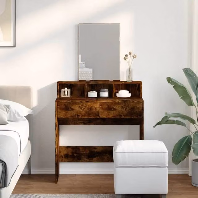 Berkfield Home Beautiful Dressing Table with Mirror in Smoked Oak Brown, W: 80 cm, D: 41 cm, H: 144.5 cm