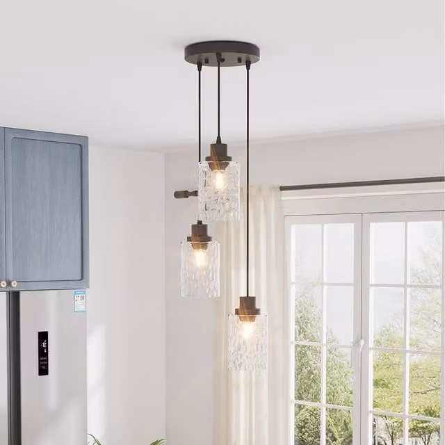 Komore Modern Suspended Pendant Light with Transparent Rippled Glass Shades and Black Metal Finish