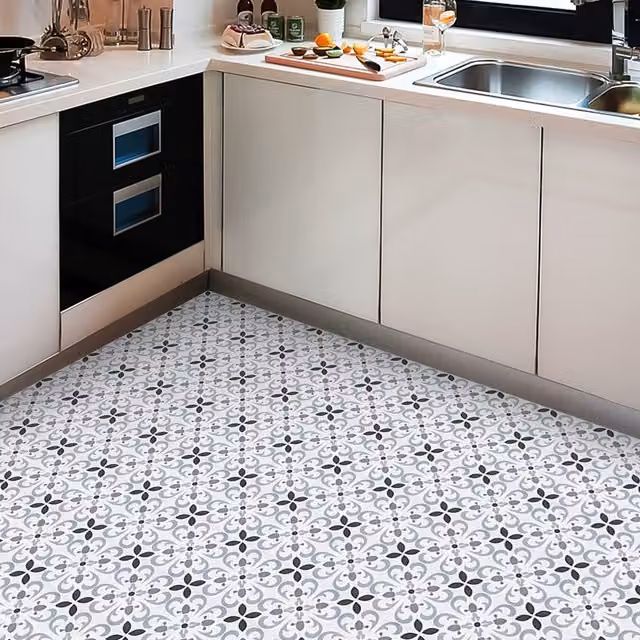 Livingandhome Self-Adhesive Vintage Floral PVC Flooring Tiles, Grey, W: 30 cm, L: 30 cm