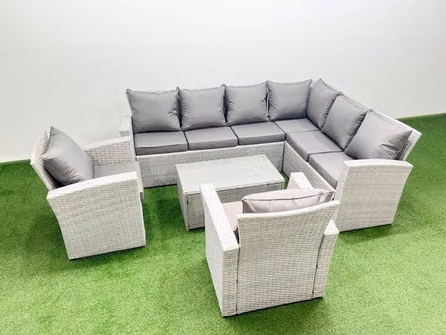 Fimous Garden 8 Seater Rattan Garden Furniture Set in Light Grey with Upholstered Cushions and Coffee Table
