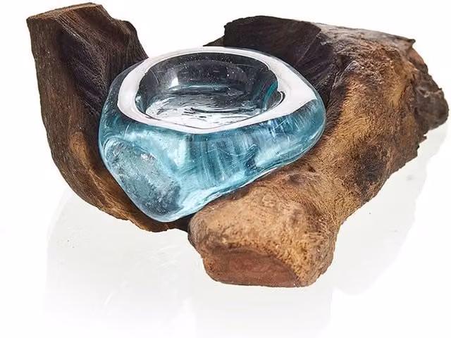 KDMK Molten Glass and Wood Tealight Candle Holder in Brown and Blue
