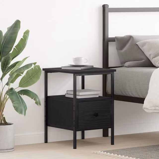 Berkfield Home Black Oak Bedside Cabinet in Engineered Wood and Steel, W/D/H: 34 x 36 x 50 cm