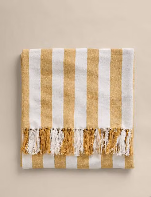 M&S Woven Striped Cotton Throw with Fringes in Yellow Mix