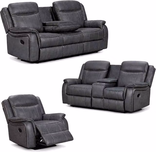 Furnishings For Less UK Tara 3 Piece Reclining Sofa Suite in Grey Leather Look Fabric (3+2+1)