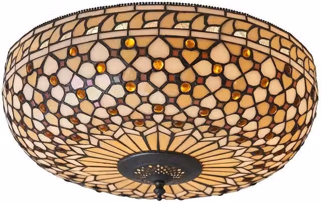 Loops Tiffany Glass Semi Flush Ceiling Light in Bronze and Multicolour Transparent Glass