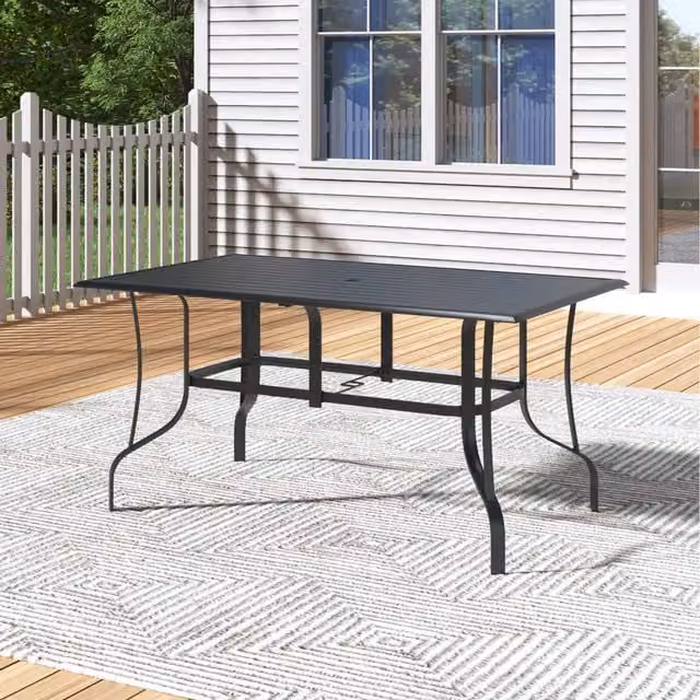 Komore Modern Matt Black Metal Dining Table with Umbrella Hole, Width: 150 cm