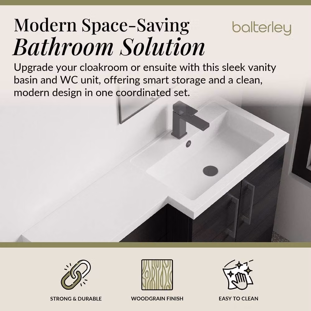 Balterley Modern Matt Black Woodgrain Right-Hand Vanity and WC Unit Combination, W: 110 cm, H: 84 cm – 2