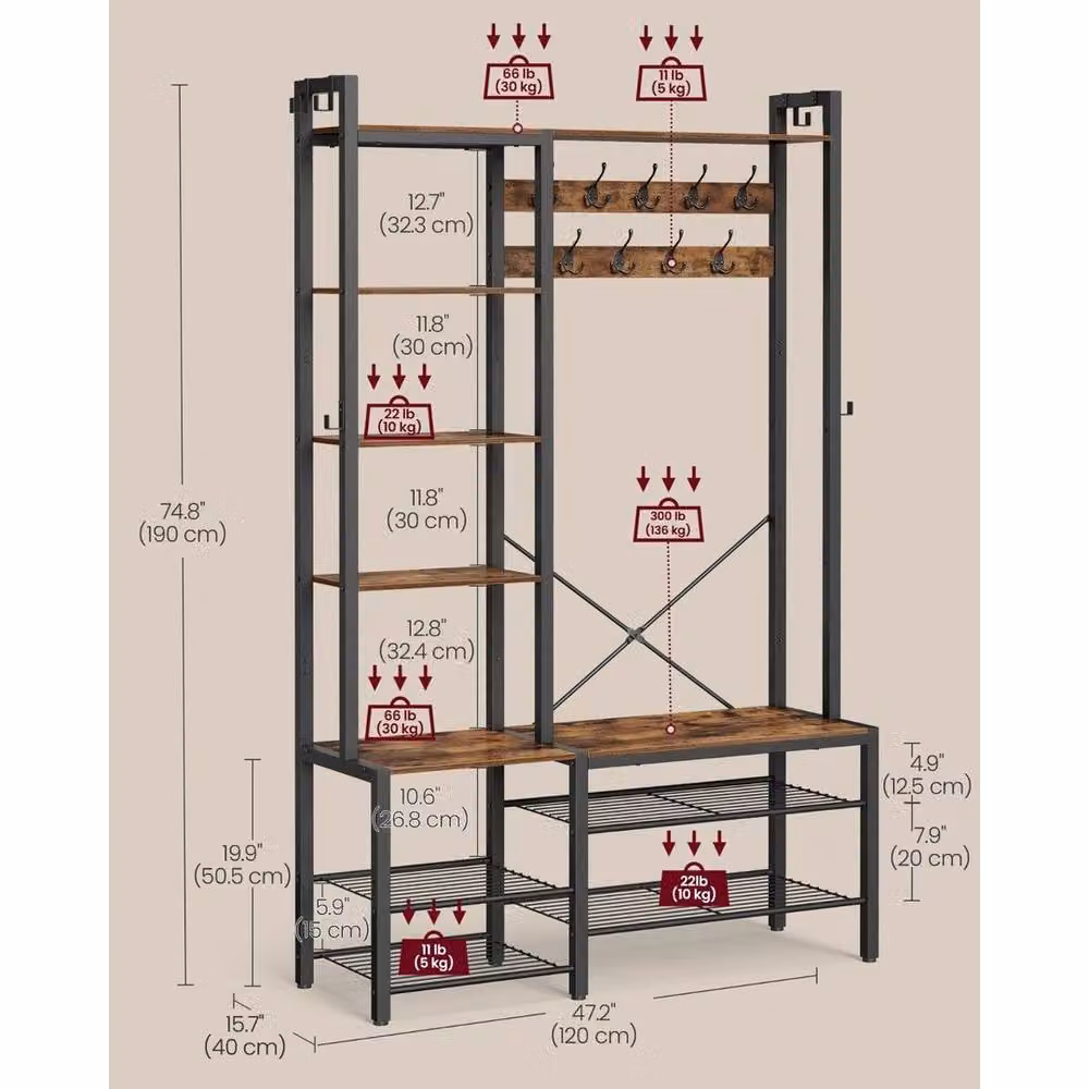 Kelvenix Industrial Black Hall Tree with Bench and Shoe Storage – 2