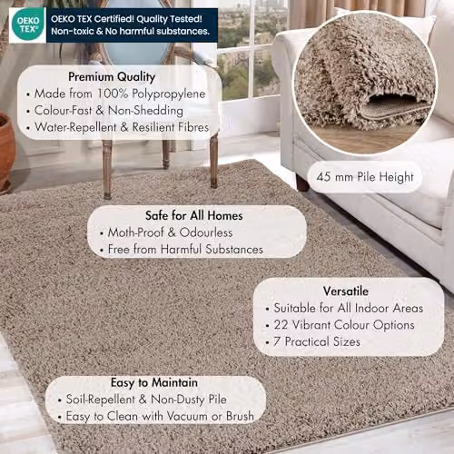 Serdim Rugs Plain Shaggy Living Room Area Rug, Beige, W: 80 cm, L: 150 cm – 3