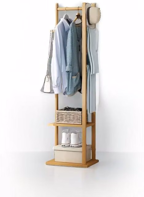 Modcraft Minimalist Bamboo Coat Stand with Dual Hook and Rail in Brown and Beige