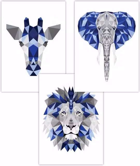 ARTZE Set of 3 Geometric Jungle Animal Head Art Posters in Blue and Grey, W: 50 cm, H: 70 cm