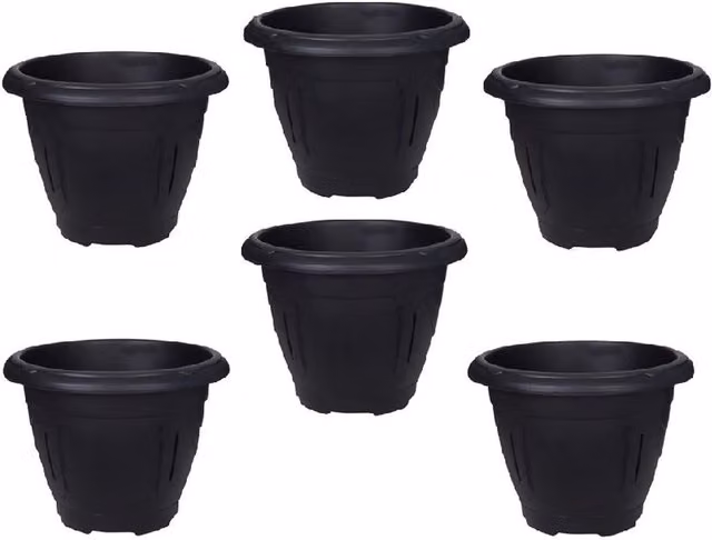 Whitefurze Black Round Venetian Plastic Decorative Garden Flower Planter, Diameter: 24 cm, Pack of 6