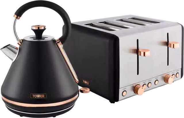 Tower Cavaletto 1.7L Kettle and 4 Slice Toaster Set in Blue and Black Stainless Steel