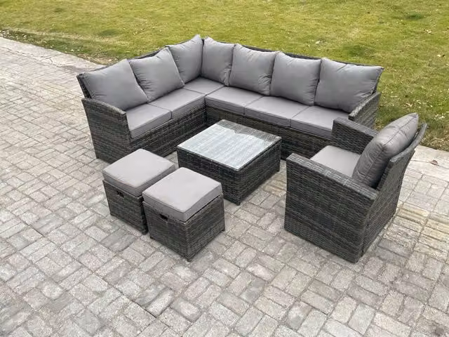 Fimous 9 Seater Outdoor Garden Furniture Set in Dark Grey, featuring a Left-Facing L-Shape Wicker PE Rattan Corner Sofa, Square Coffee Table, Armchair and Two Matching Ottomans with Upholstered Cushions