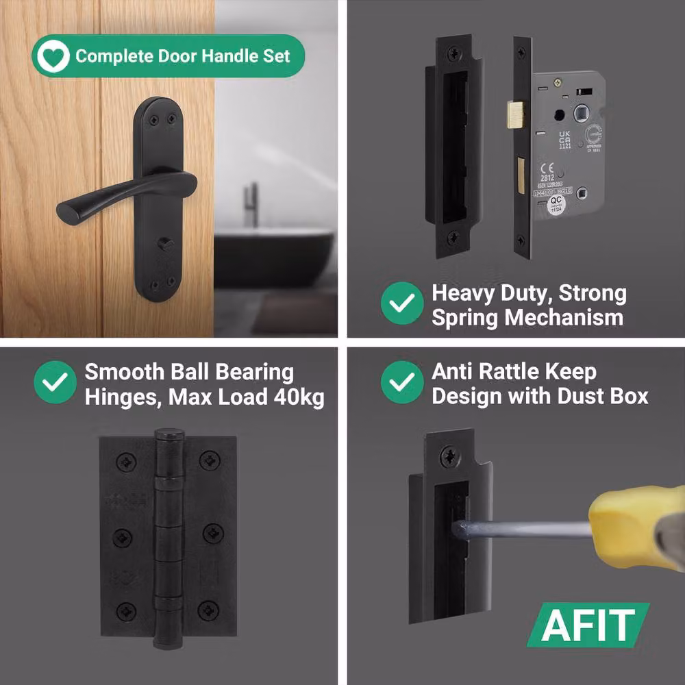 AFIT Matt Black Twist Bathroom Handle WC Lock and Hinges Novi, W/D/H: 15.0 x 15.0 x 2.0 cm – 4