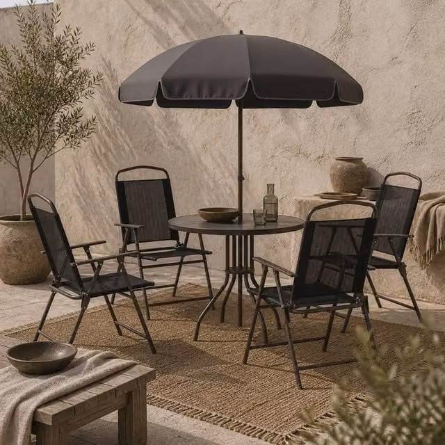 Wyld Haus Jattare 4 Seater Metal Mesh Garden Dining Set with Parasol, Table and Chairs in Black