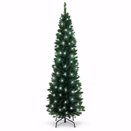 Shatchi Green Slim Pencil Artificial Christmas Tree with Cool White LEDs and Metal Stand, Height: 1.5 m